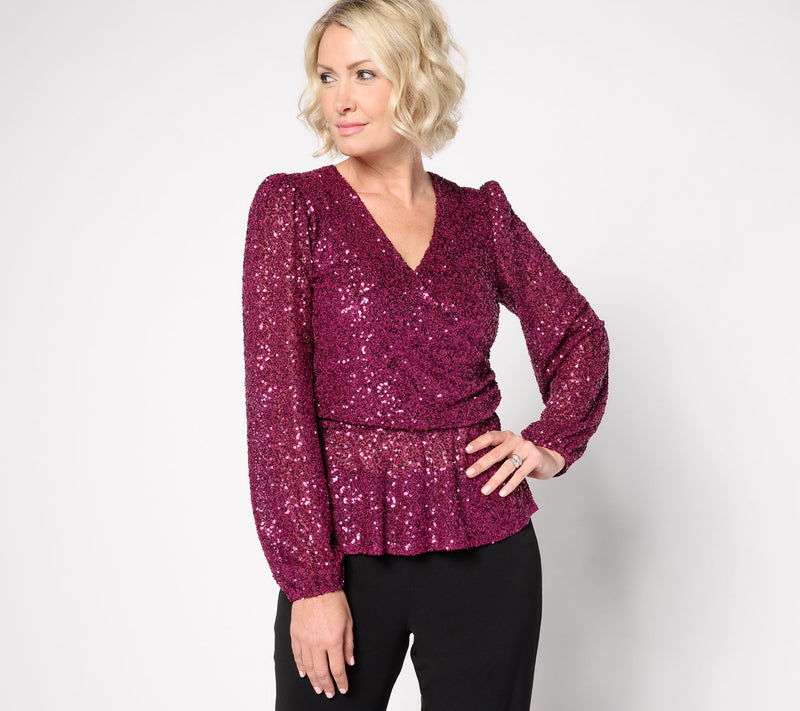 Susan Graver Occasions Sequin Faux Wrap Long-Sleeve Top — View 3