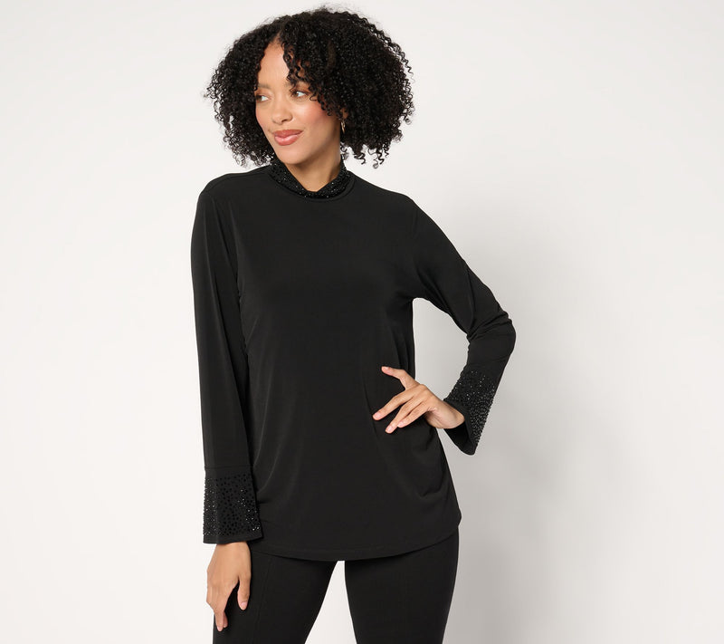 Susan Graver Occasions Liquid Knit Embellished Mock-Neck Top — Main view