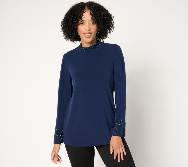 Susan Graver Occasions Liquid Knit Embellished Mock-Neck Top — View 5