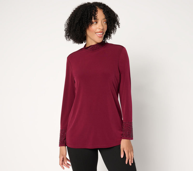Susan Graver Occasions Liquid Knit Embellished Mock-Neck Top — View 3