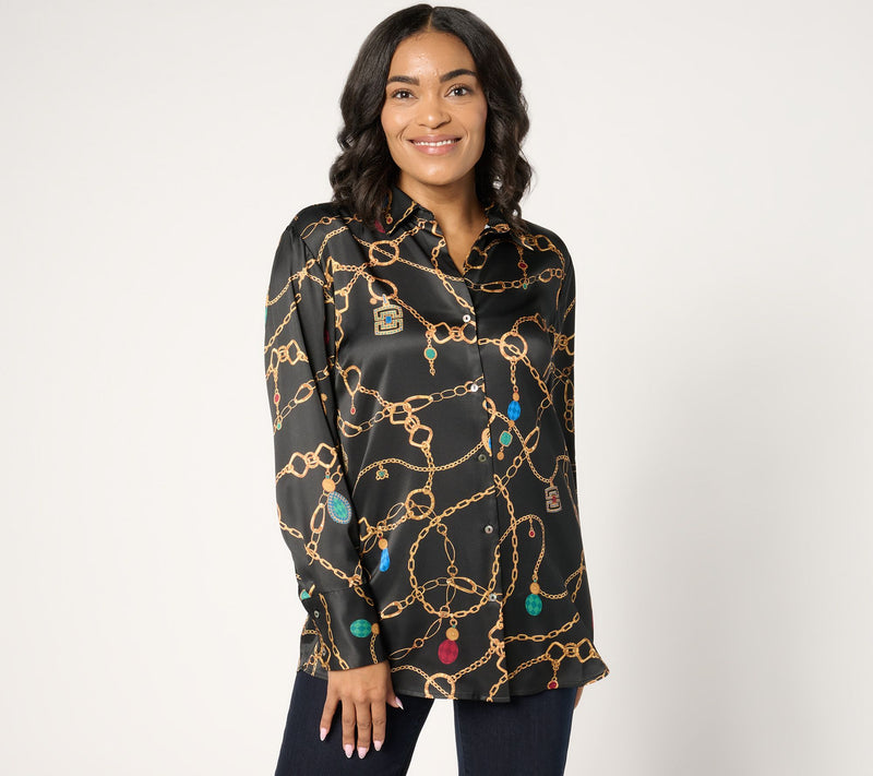 Susan Graver Regular Printed Charmeuse Button-Front Tunic — View 9
