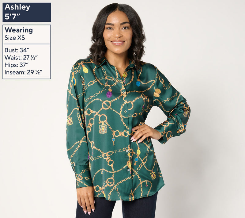 Susan Graver Regular Printed Charmeuse Button-Front Tunic — View 11