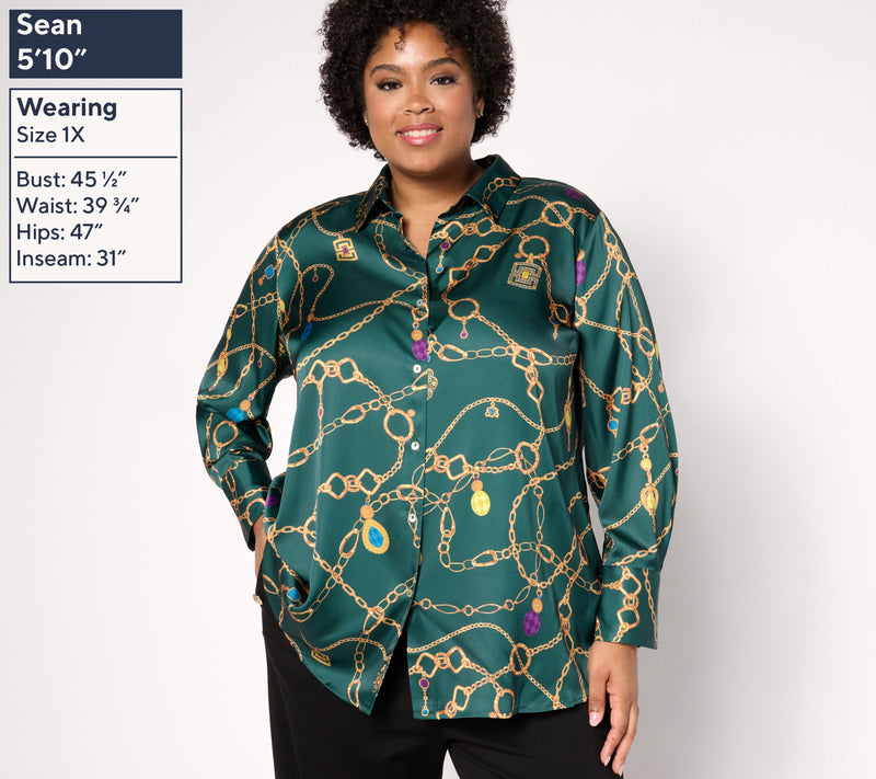 Susan Graver Regular Printed Charmeuse Button-Front Tunic — View 10