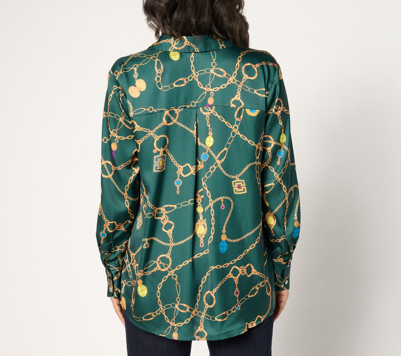 Susan Graver Petite Printed Charmeuse Button-Front Tunic — View 4