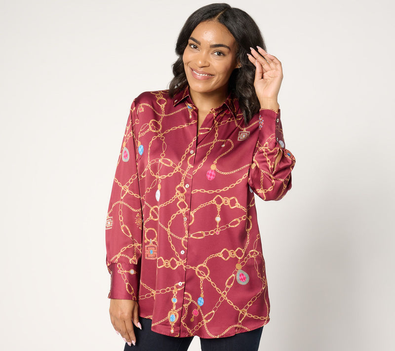 Susan Graver Petite Printed Charmeuse Button-Front Tunic — View 13