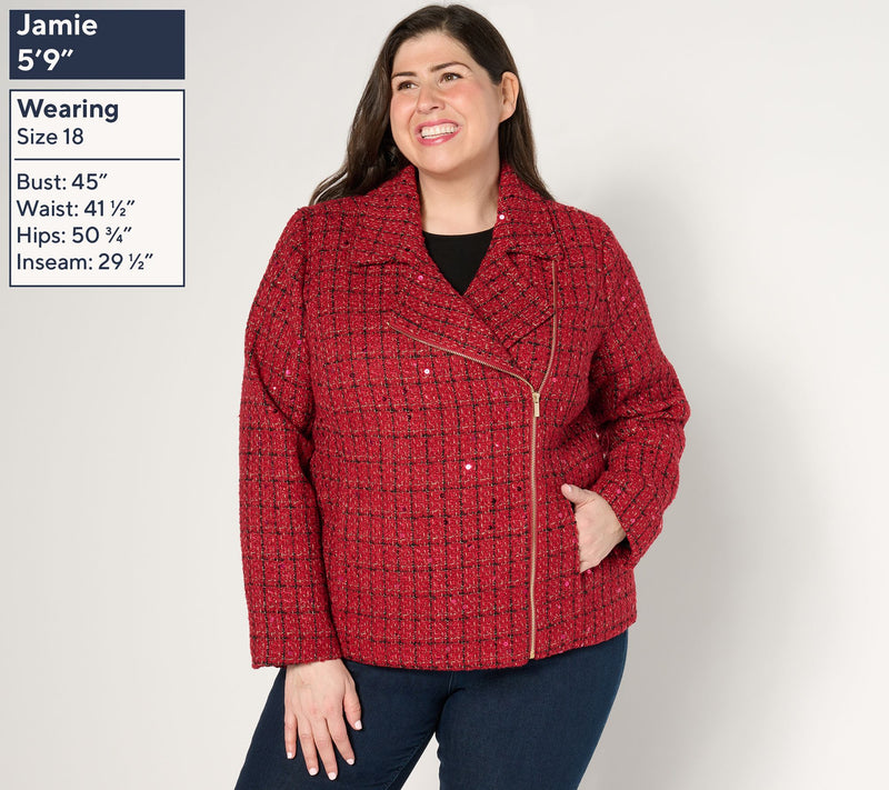 GRAVER Susan Graver Sequin Tweed Long-Sleeve Moto Jacket — View 8
