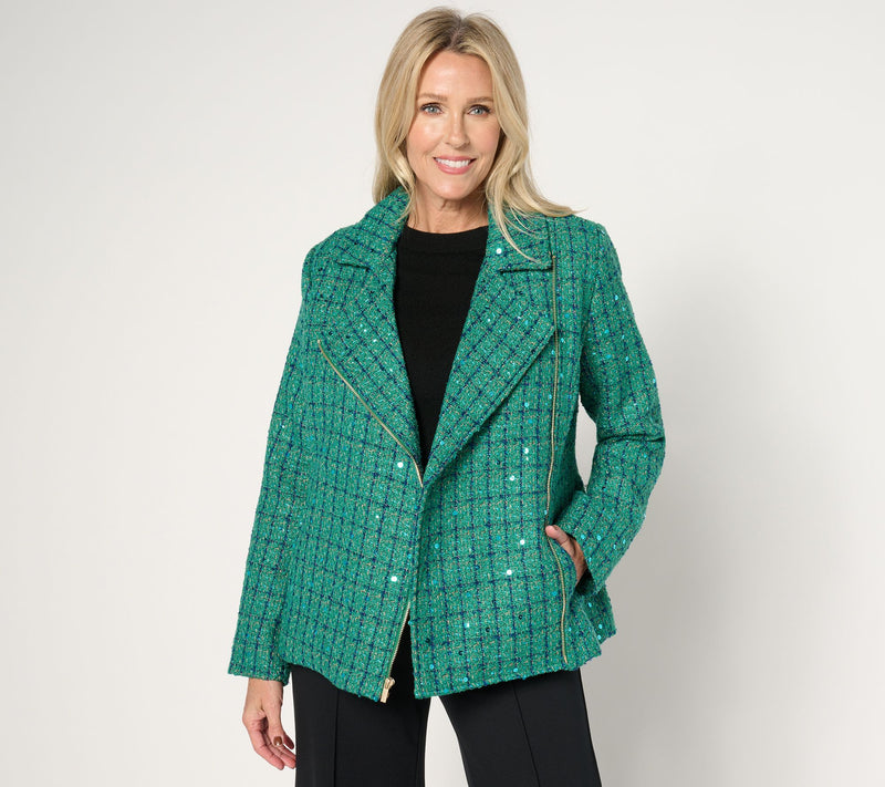 GRAVER Susan Graver Sequin Tweed Long-Sleeve Moto Jacket — View 7