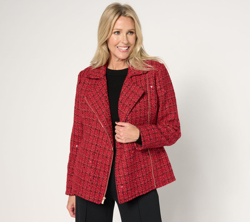 GRAVER Susan Graver Sequin Tweed Long-Sleeve Moto Jacket — View 3
