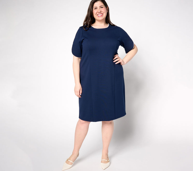 Susan Graver Regular Smart Ponte Dress with Pearl Trim — View 8