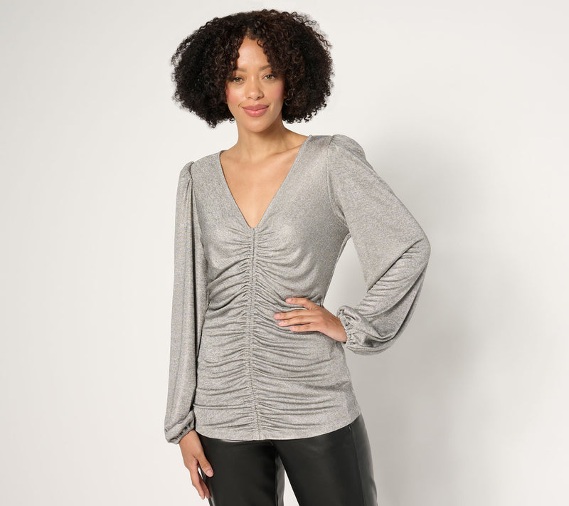 Dennis Basso Knit Lame Top with Ruching & Blouson Sleeves — View 11