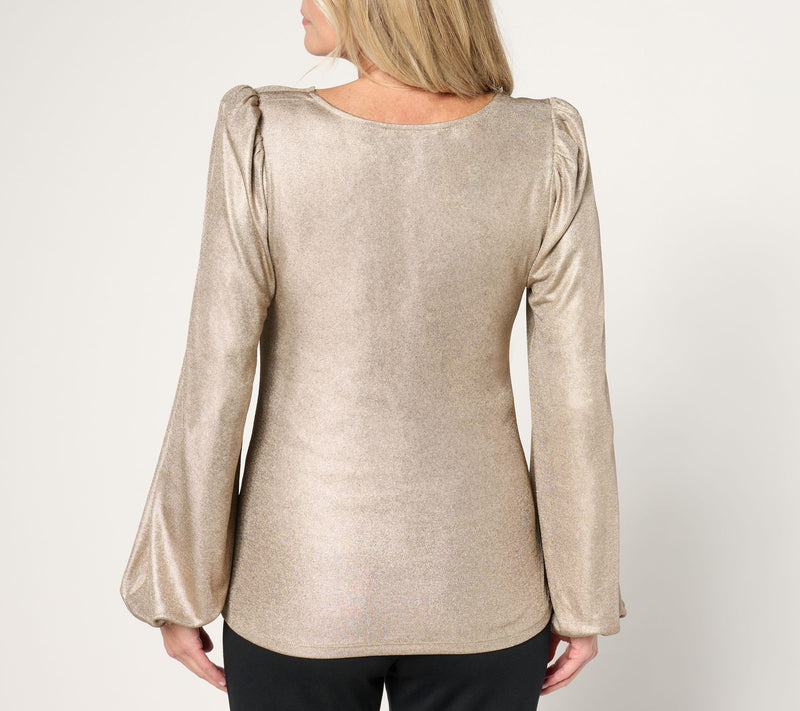 Dennis Basso Knit Lame Top with Ruching & Blouson Sleeves — View 4