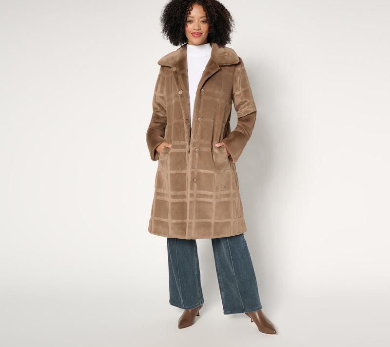 Dennis Basso Petite Sculpted Plaid Faux Fur Coat — View 5