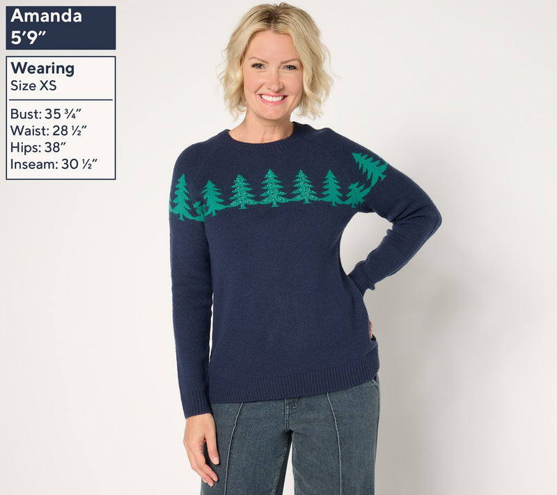 Denim & Co. Embellished Tree Crew Neck Sweater — View 7