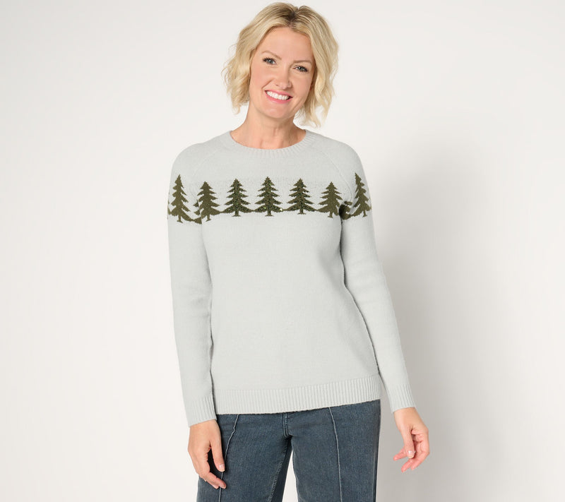 Denim & Co. Embellished Tree Crew Neck Sweater — View 3