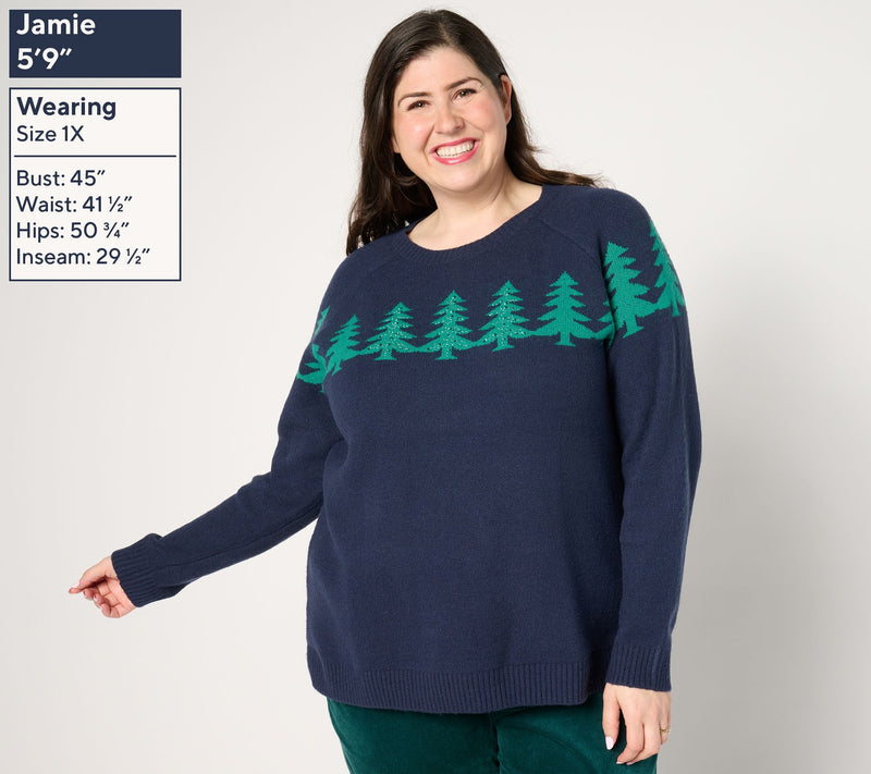 Denim & Co. Embellished Tree Crew Neck Sweater — View 6