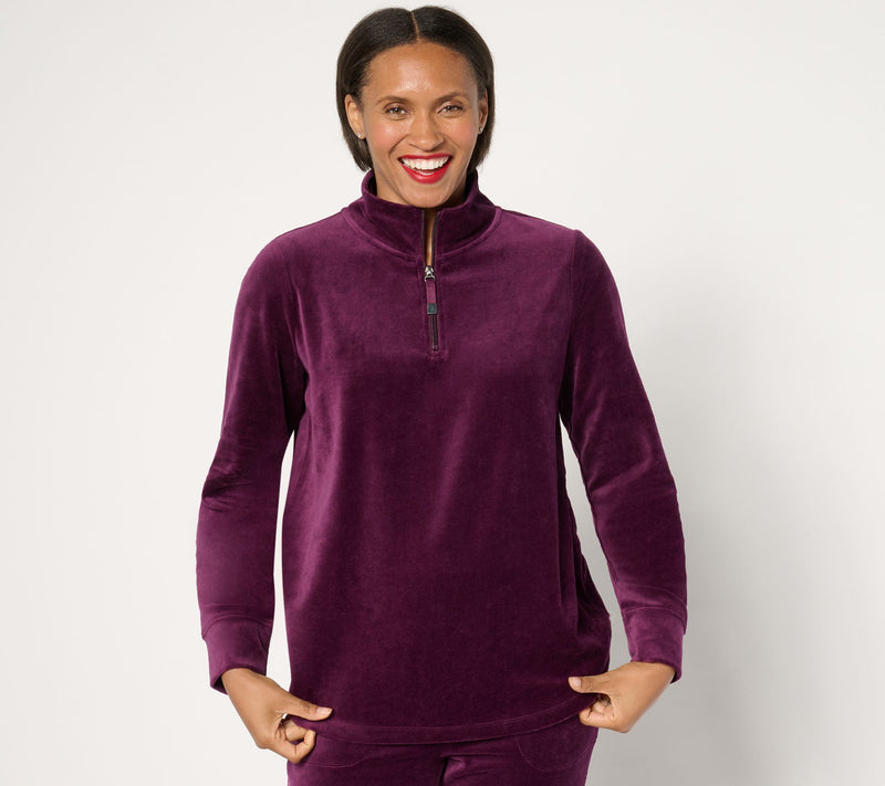 Denim & Co. Active Velour Quarter Zip Top — View 5