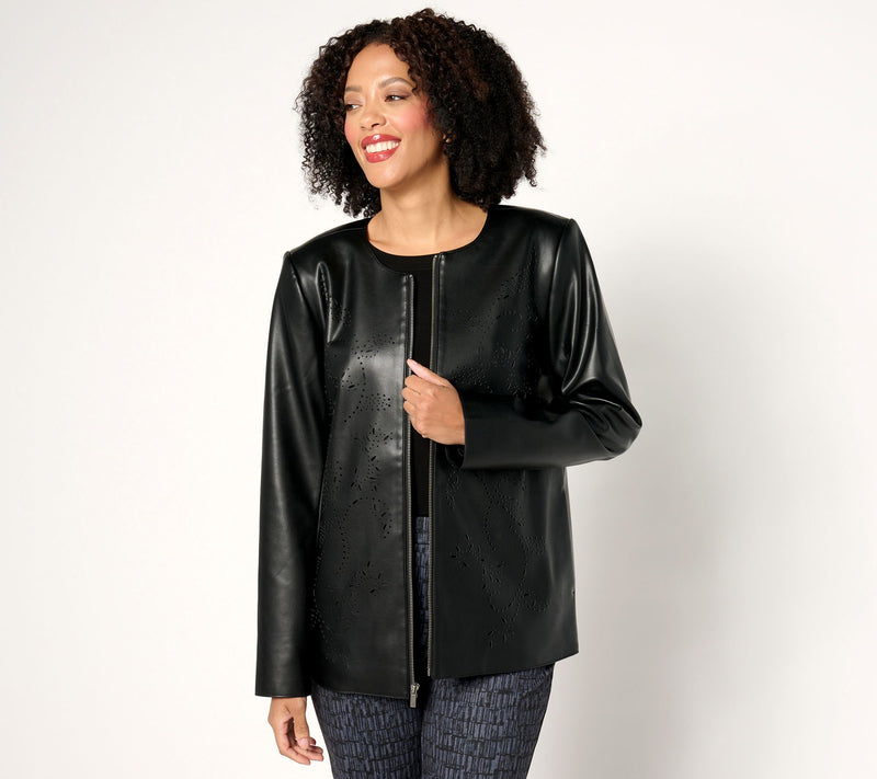 Susan Graver Petite Faux Leather Jacket with Laser Cut Detail — View 13