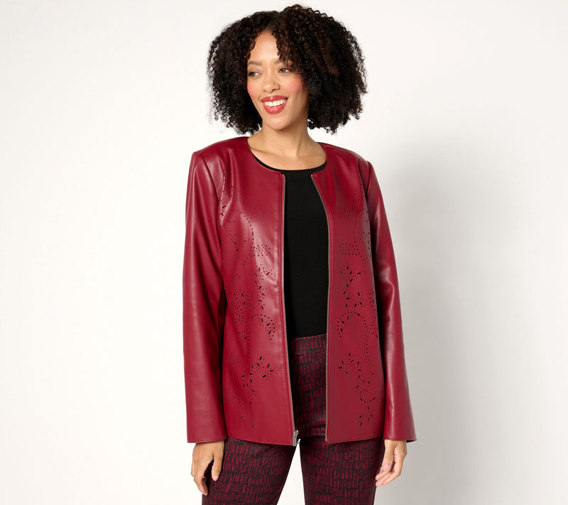Susan Graver Petite Faux Leather Jacket with Laser Cut Detail — View 5