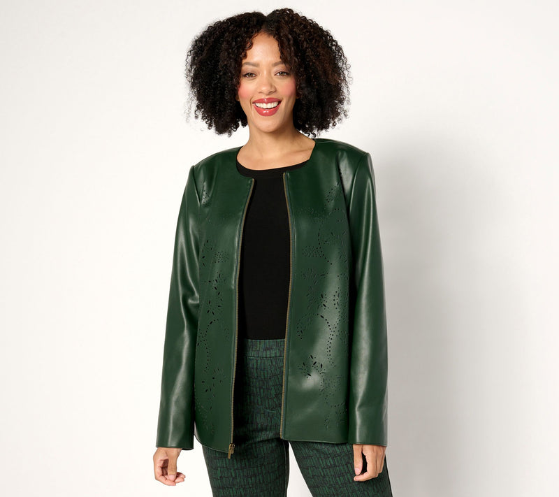 Susan Graver Petite Faux Leather Jacket with Laser Cut Detail — View 9