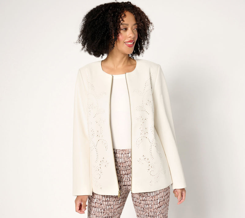 Susan Graver Petite Faux Leather Jacket with Laser Cut Detail — View 7