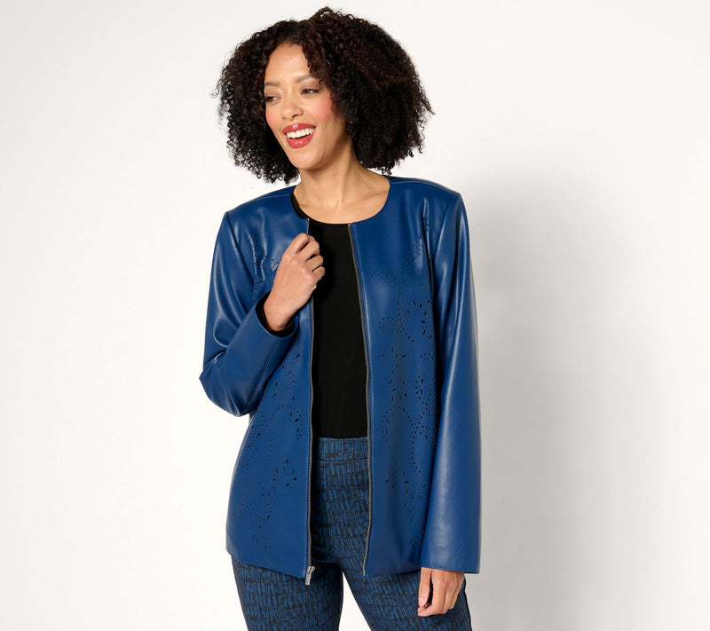 Susan Graver Petite Faux Leather Jacket with Laser Cut Detail — View 11