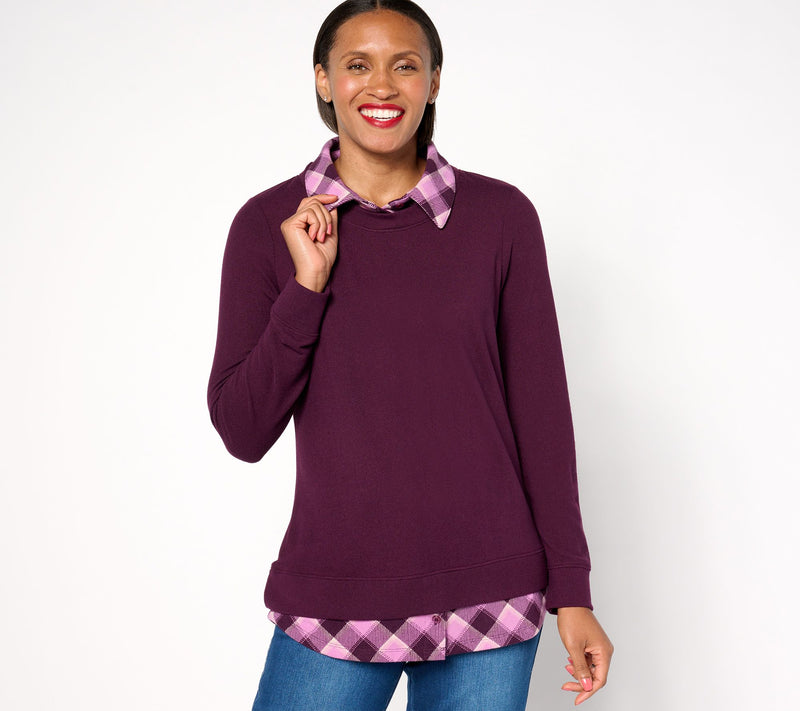 Denim & Co. Heavenly Jersey Solid/Plaid Long Sleeve 2fer Top — Main view