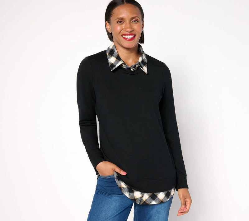 Denim & Co. Heavenly Jersey Solid/Plaid Long Sleeve 2fer Top — View 9