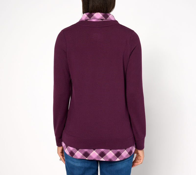 Denim & Co. Heavenly Jersey Solid/Plaid Long Sleeve 2fer Top — View 15