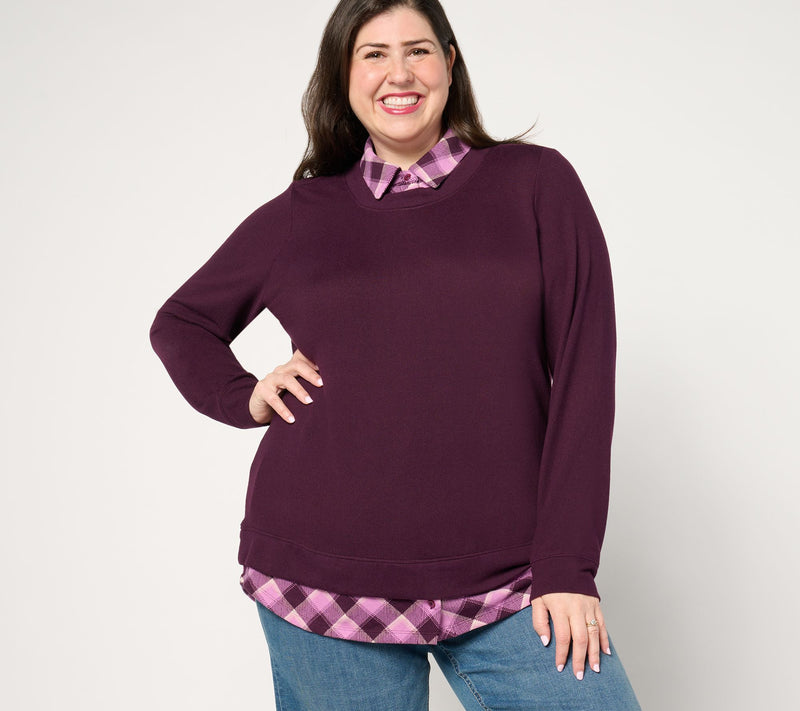 Denim & Co. Heavenly Jersey Solid/Plaid Long Sleeve 2fer Top — View 14
