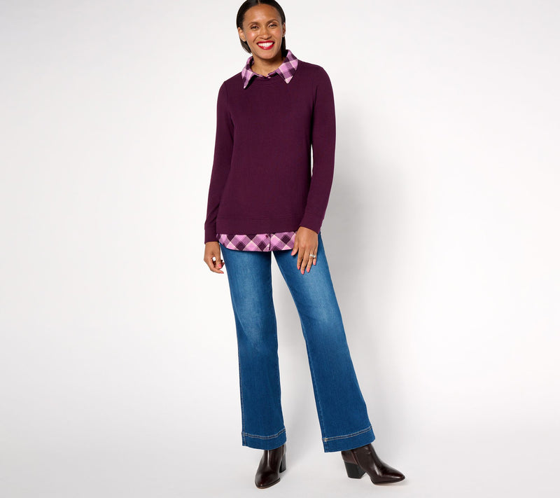 Denim & Co. Heavenly Jersey Solid/Plaid Long Sleeve 2fer Top — View 16