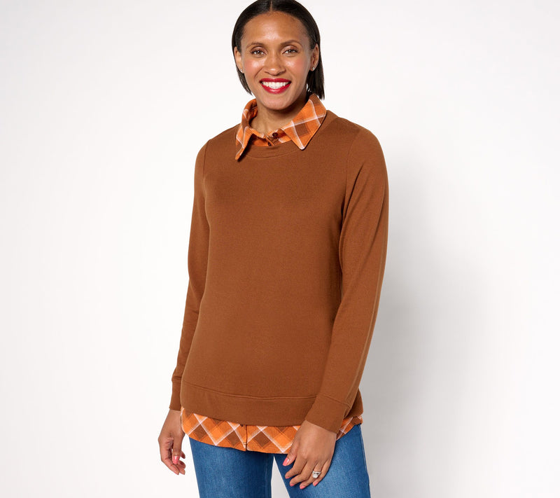 Denim & Co. Heavenly Jersey Solid/Plaid Long Sleeve 2fer Top — View 7