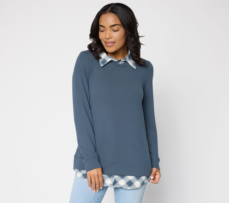 Denim & Co. Heavenly Jersey Solid/Plaid Long Sleeve 2fer Top — View 11