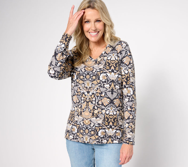 Denim & Co. Favorite Jersey Printed Long Sleeve V-Neck Top — View 9