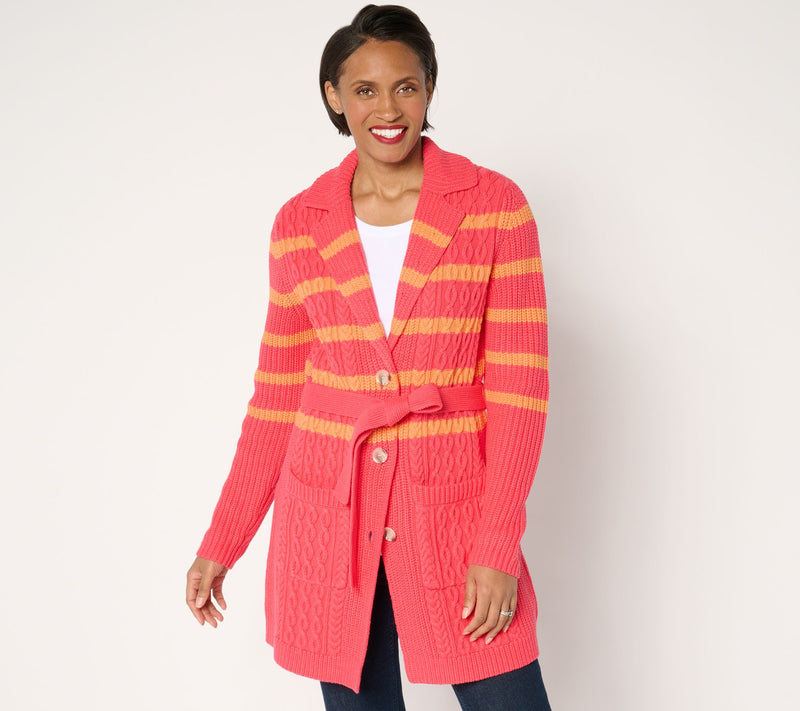 Isaac Mizrahi Live! Regular Cable Knit Duster Sweater with Belt — Main view