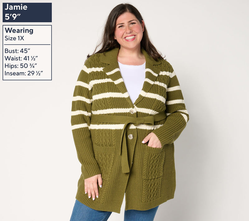 Isaac Mizrahi Live! Petite Cable Knit Duster Sweater with Belt — View 2