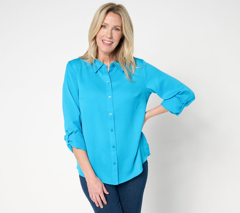 Isaac Mizrahi Live! Crinkle Button Front Shirt with Roll Tab Sleeves — Main view