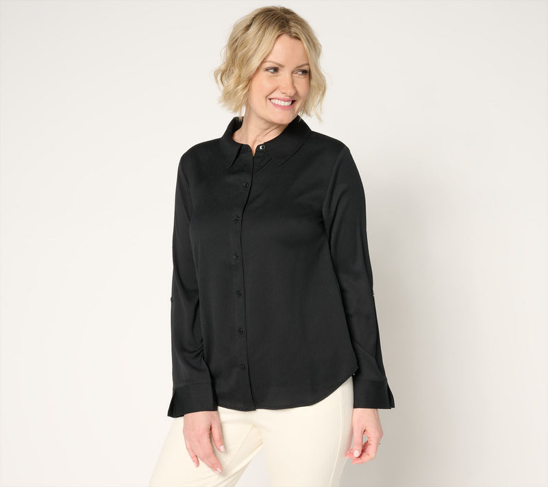 Isaac Mizrahi Live! Crinkle Button Front Shirt with Roll Tab Sleeves — View 9