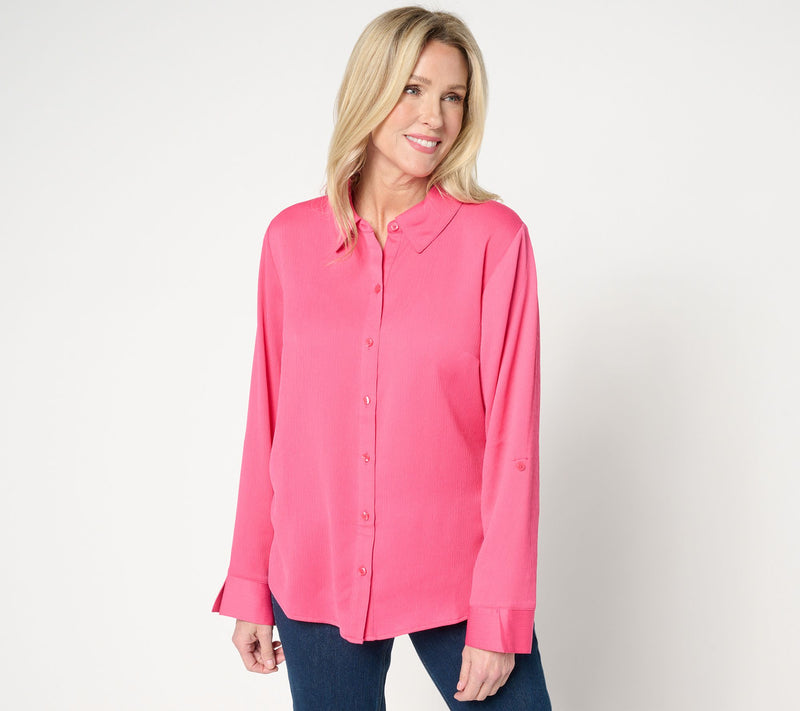 Isaac Mizrahi Live! Crinkle Button Front Shirt with Roll Tab Sleeves — View 11
