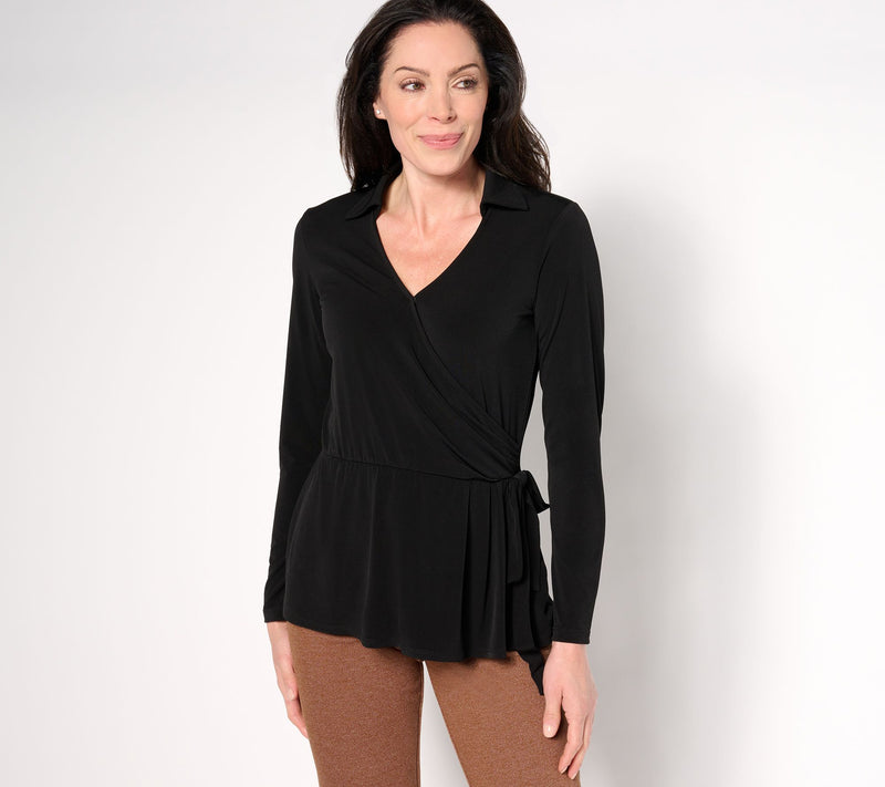 Susan Graver Liquid Knit Long-Sleeve Faux Wrap Top — View 9