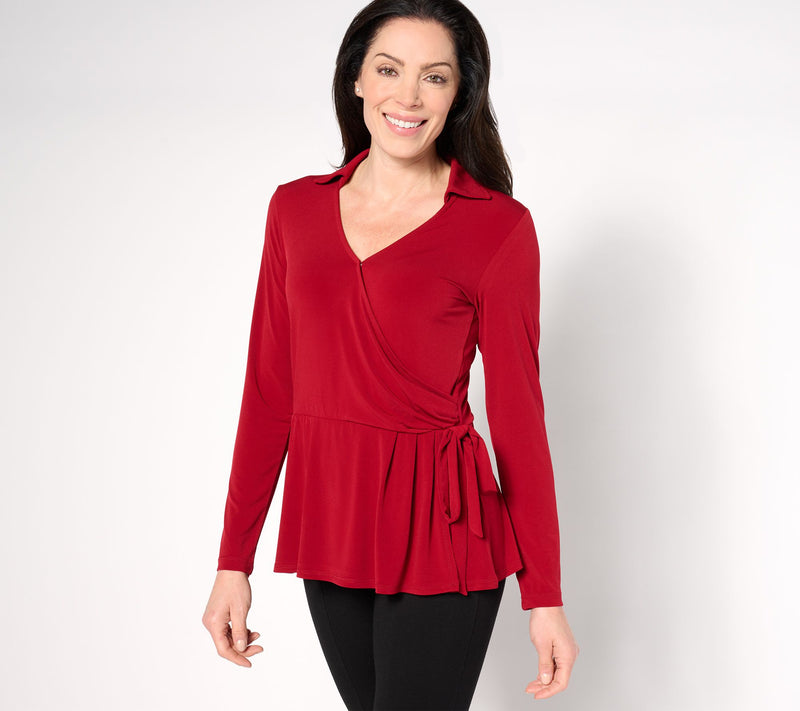Susan Graver Liquid Knit Long-Sleeve Faux Wrap Top — View 3