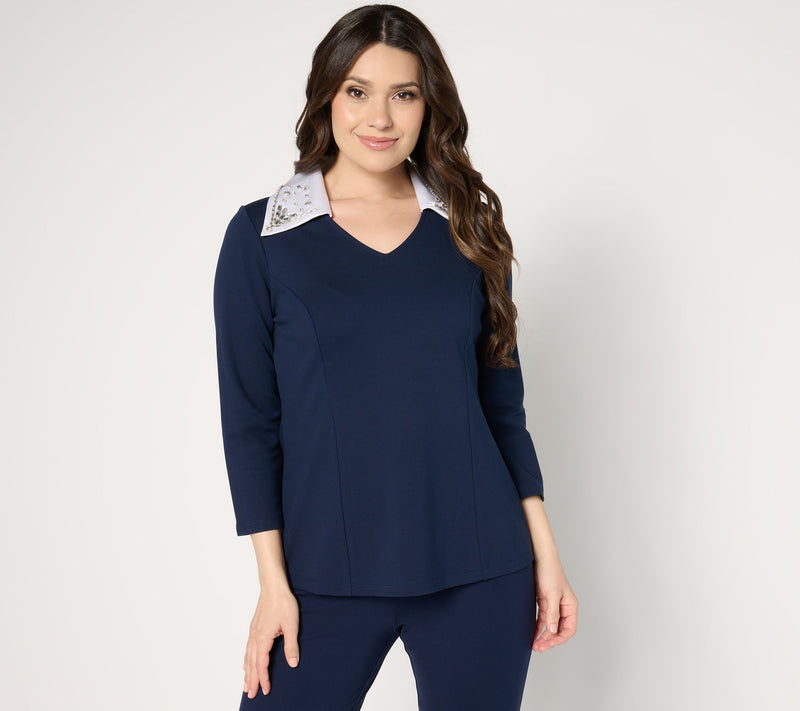 Susan Graver Occasions Smart Ponte 350 Top with Beaded Collar — View 9