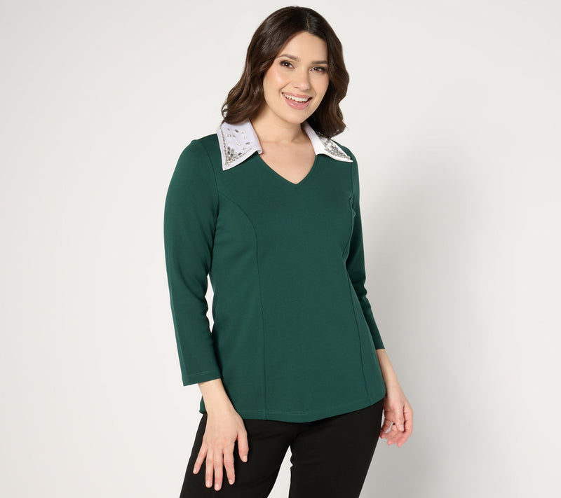 Susan Graver Occasions Smart Ponte 350 Top with Beaded Collar — View 5