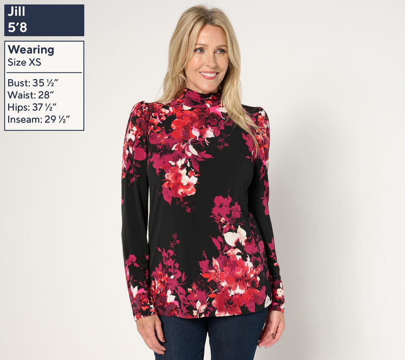 Susan Graver Printed Liquid Knit Puff Sleeve Mock Neck Top — View 5