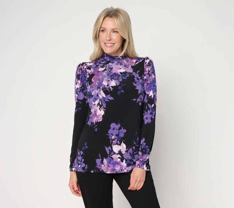 Susan Graver Printed Liquid Knit Puff Sleeve Mock Neck Top — Main view