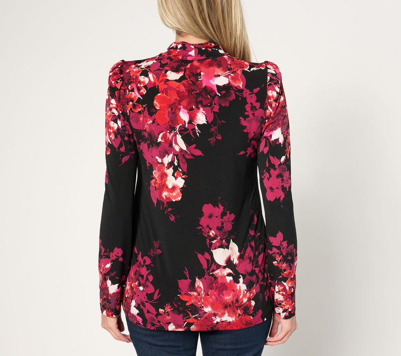 Susan Graver Printed Liquid Knit Puff Sleeve Mock Neck Top — View 6