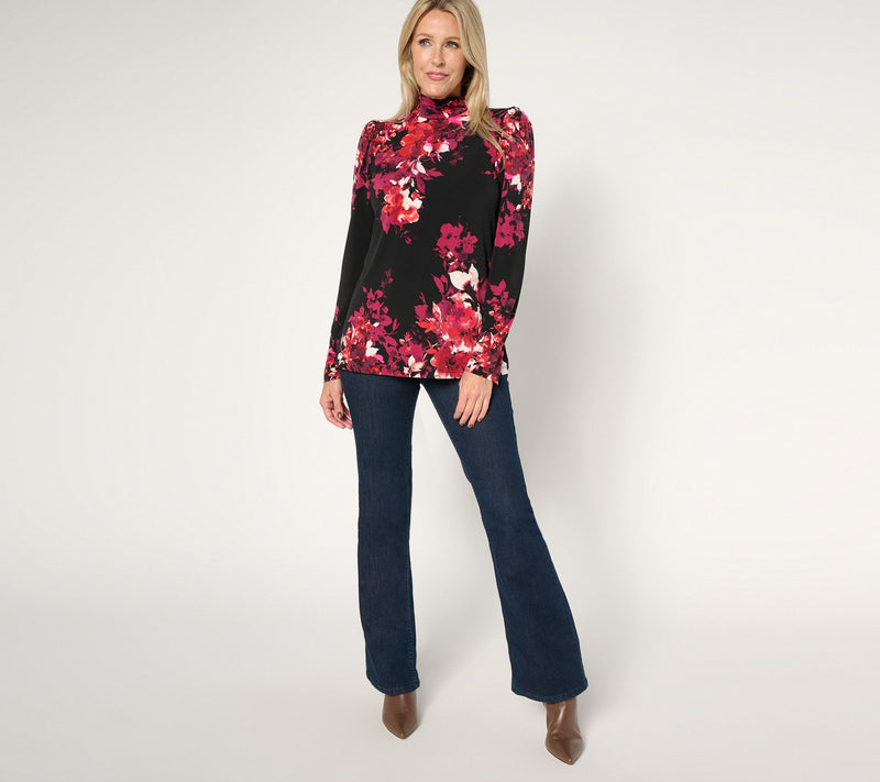 Susan Graver Printed Liquid Knit Puff Sleeve Mock Neck Top — View 7