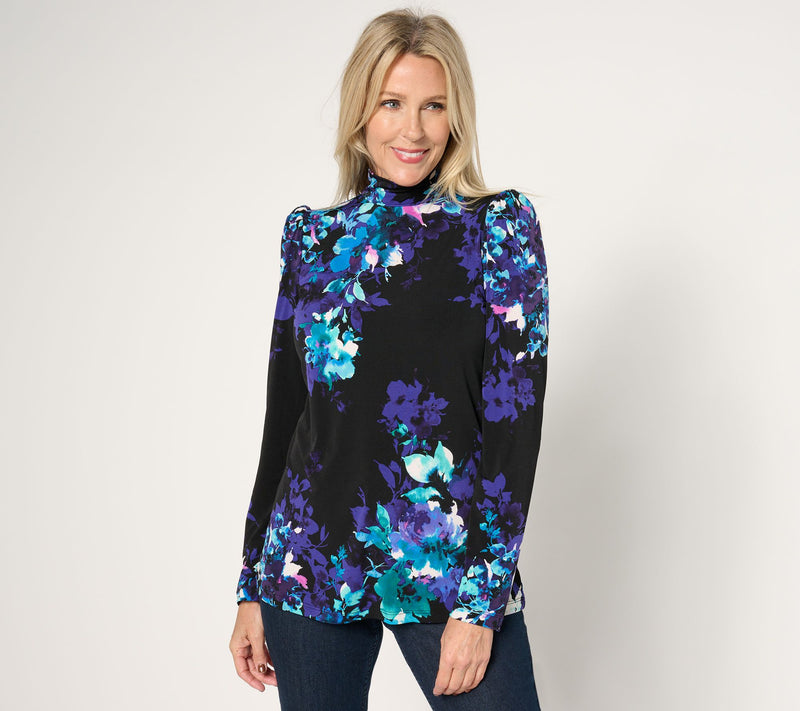 Susan Graver Printed Liquid Knit Puff Sleeve Mock Neck Top — View 15
