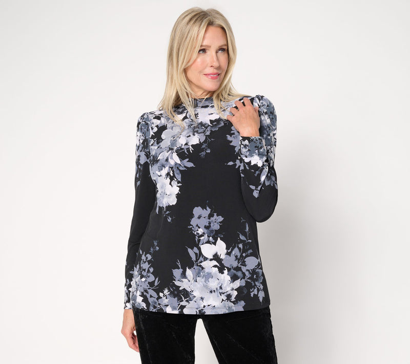 Susan Graver Printed Liquid Knit Puff Sleeve Mock Neck Top — View 17