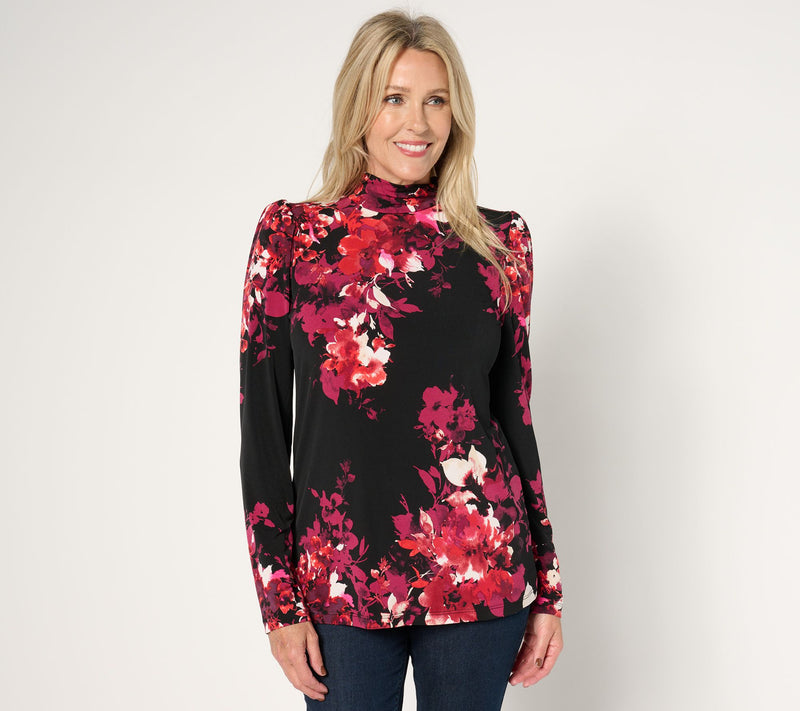 Susan Graver Printed Liquid Knit Puff Sleeve Mock Neck Top — View 18