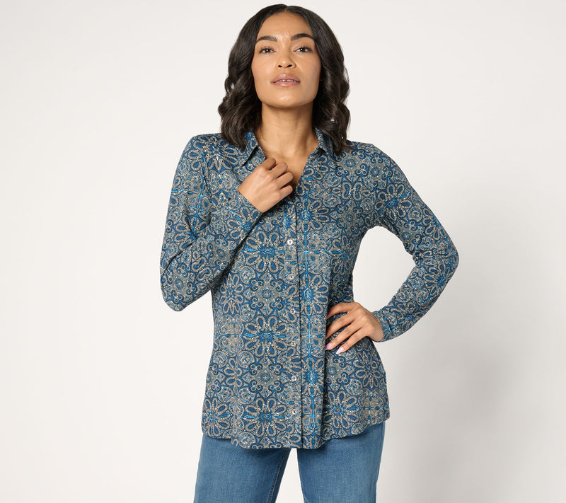 Susan Graver Printed Brushed Liquid Knit A-Line Top — View 16
